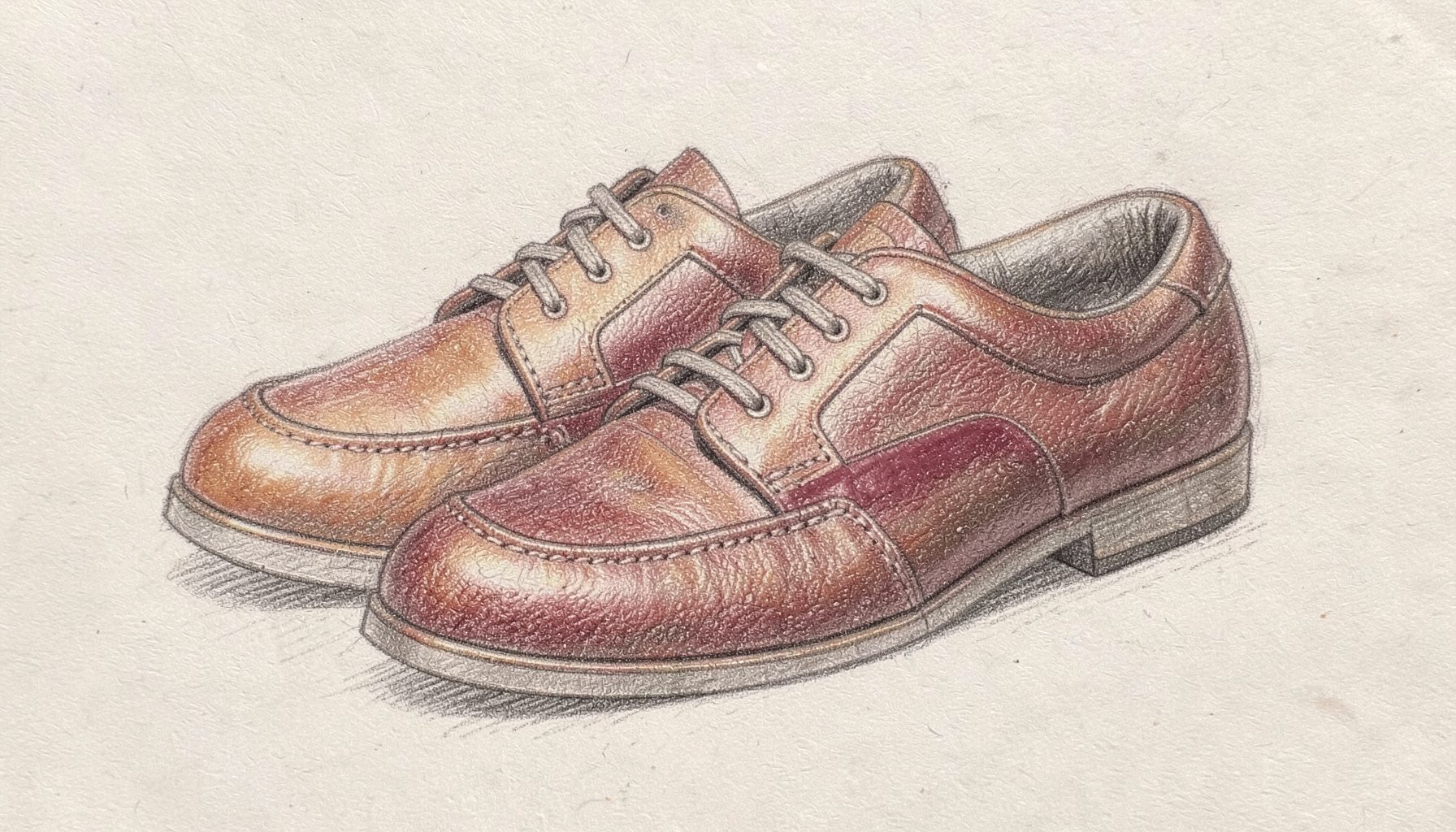 Disegno a matita di scarpe classiche in cuoio, toni caldi e tratto morbido, sfondo neutro