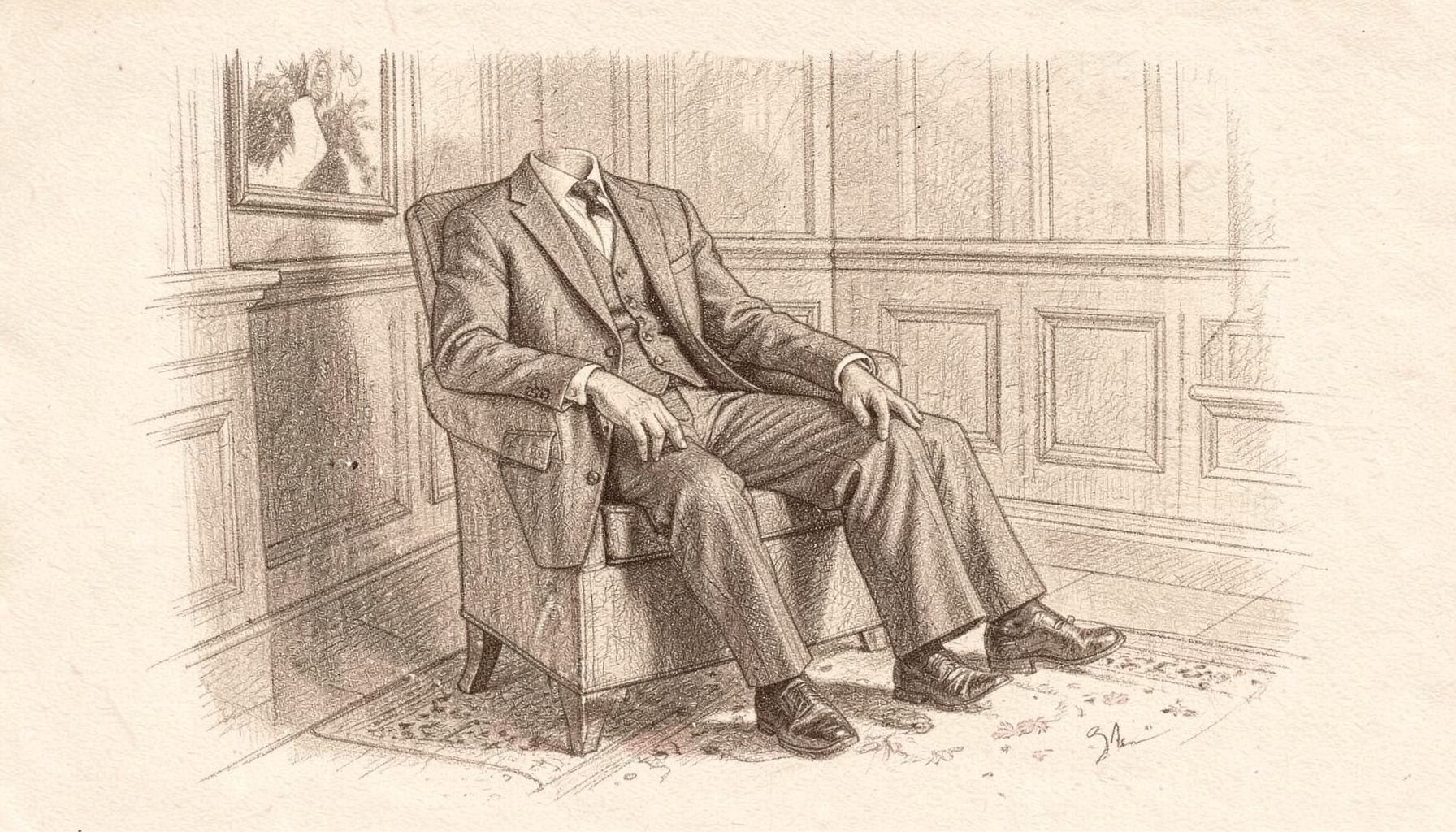 Disegno a matita grafite di un completo sartoriale appoggiato su una sedia in una stanza elegante, toni neutri caldi