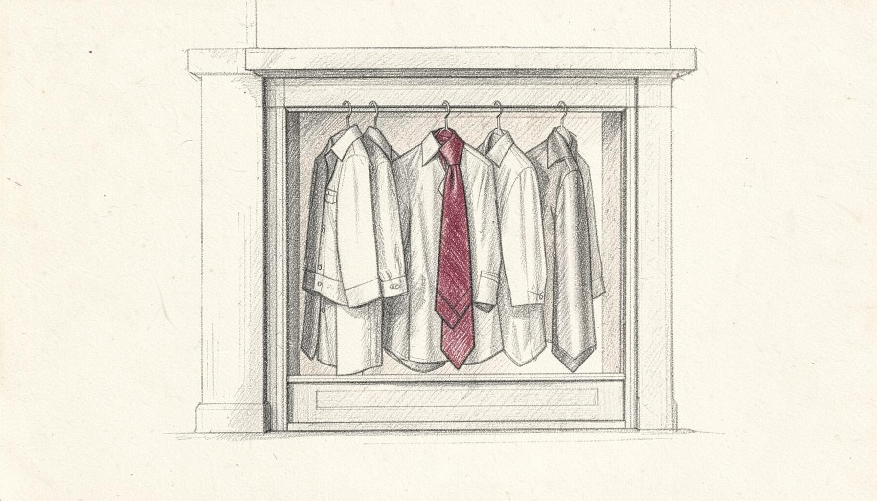 Illustrazione a matita di una vetrina di camicie e cravatte su fondo color crema, atmosfera minimalista