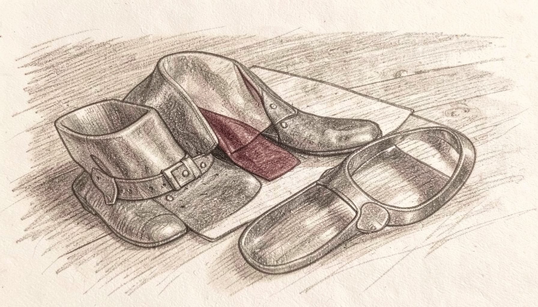 Schizzo a matita di accessori da gentleman su un tavolo di legno, tratto morbido, color seppia e grafite